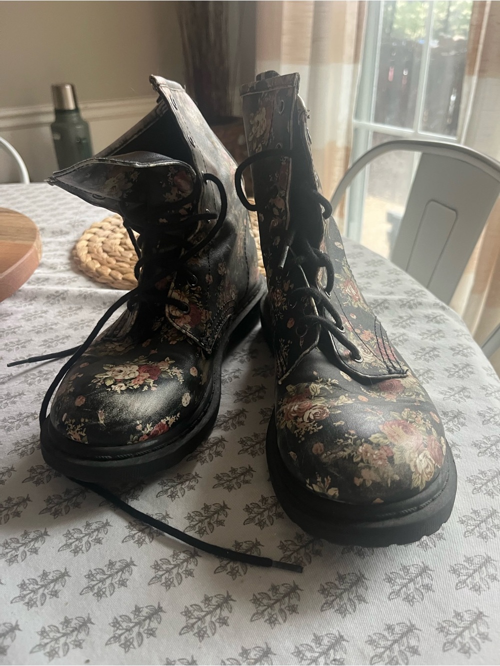 Floral Lace-Up Combat Boots - Black Floral